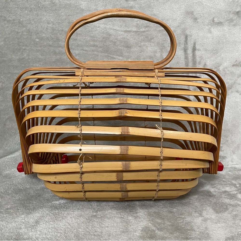 Vintage Japanese Style Bamboo Cage Purse Collapsible Accordion Folding Tote - Picture 4 of 13